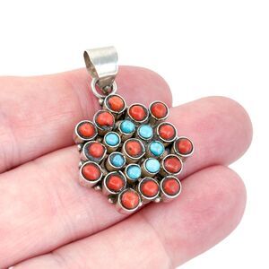Estate Sterling Silver 925 4cm Turquoise Coral Cluster Pendant